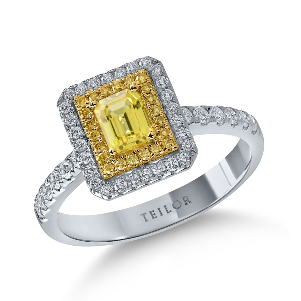 Inel din aur alb-galben cu diamante de 0.4ct si safire galbene octogonale de 0.5ct