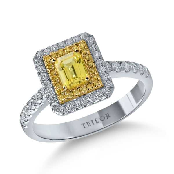 Inel din aur alb-galben cu diamante de 0.4ct si safire galbene octogonale de 0.5ct