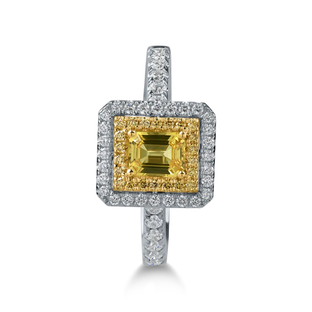 Inel din aur alb-galben cu diamante de 0.4ct si safire galbene octogonale de 0.5ct - imagine 2