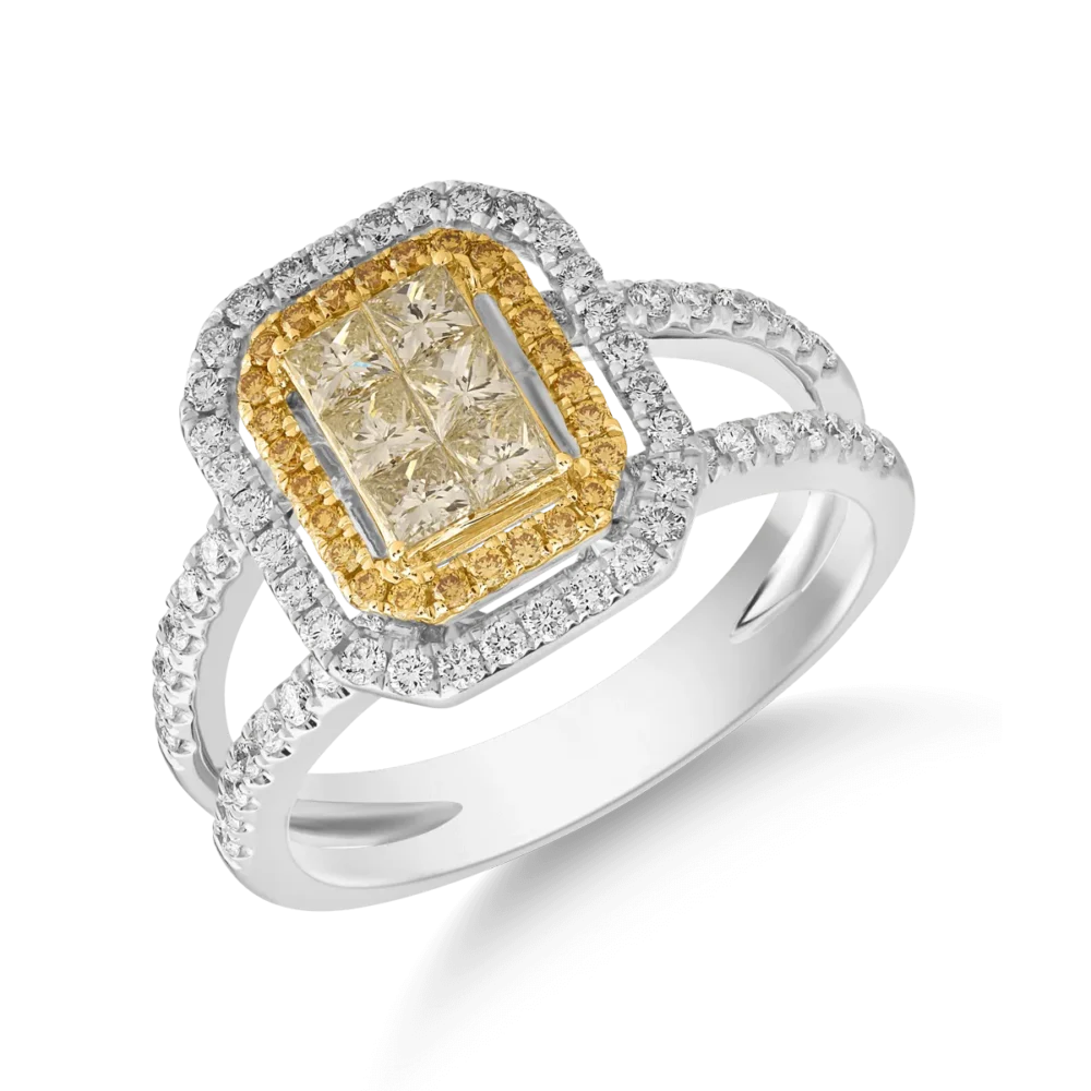 Inel din aur alb-galben cu diamante galbene princess si rotunde si diamante incolore de 1ct