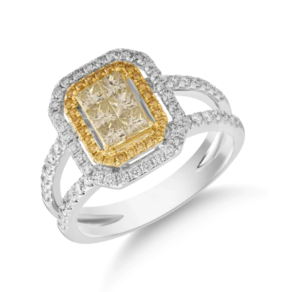 Inel din aur alb-galben cu diamante galbene princess si rotunde si diamante incolore de 1ct