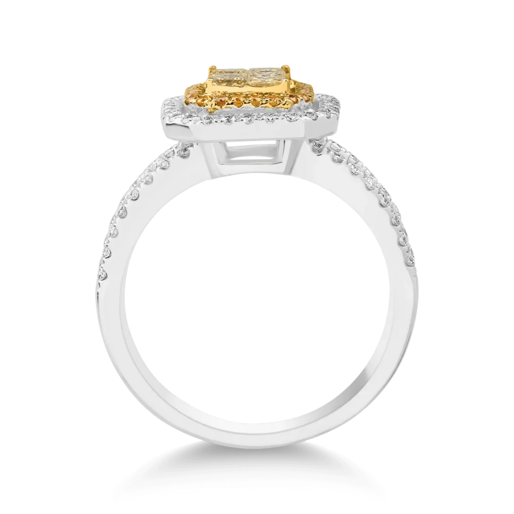 Inel din aur alb-galben cu diamante galbene princess si rotunde si diamante incolore de 1ct - imagine 2