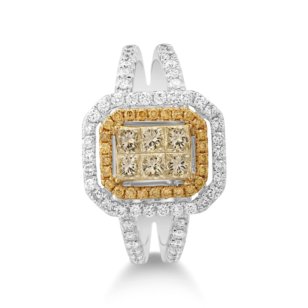 Inel din aur alb-galben cu diamante galbene princess si rotunde si diamante incolore de 1ct - imagine 3
