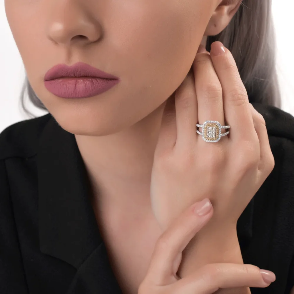 Inel din aur alb-galben cu diamante galbene princess si rotunde si diamante incolore de 1ct - imagine 4