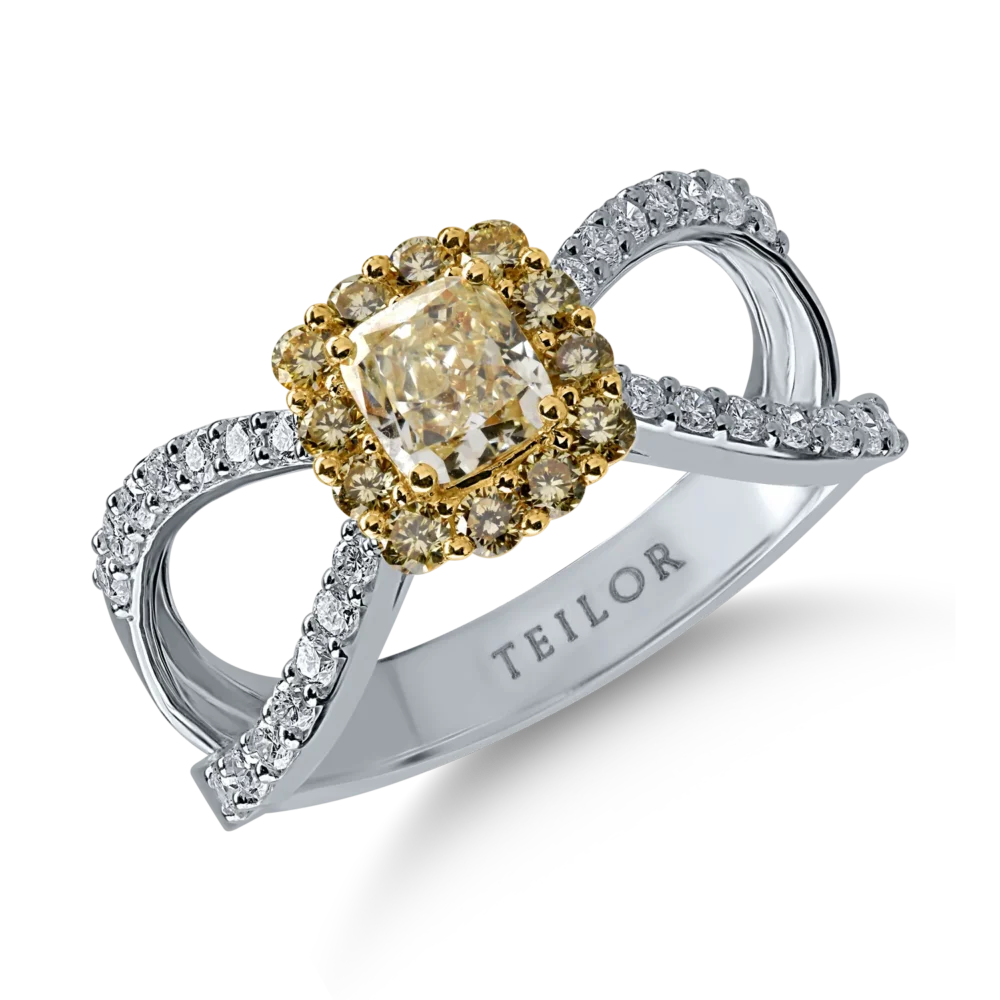 Inel din aur alb-galben cu diamante galbene cushion si rotunde de 0.8ct si diamante transparente de 0.3ct