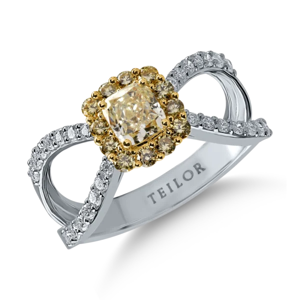 Inel din aur alb-galben cu diamante galbene cushion si rotunde de 0.8ct si diamante transparente de 0.3ct