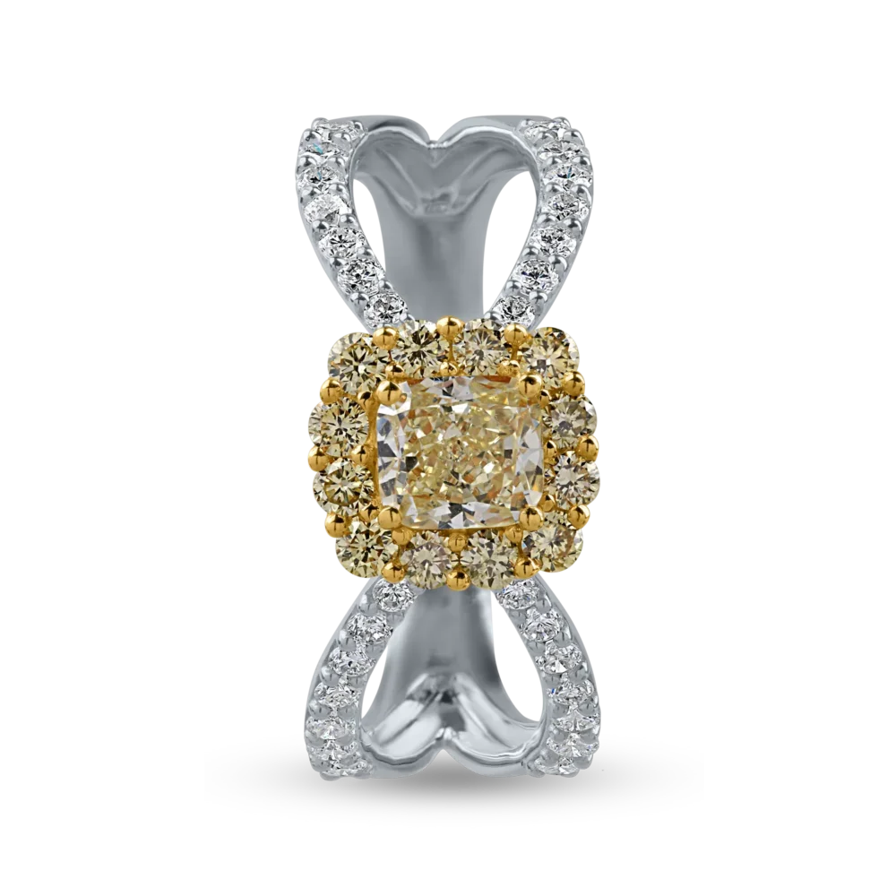 Inel din aur alb-galben cu diamante galbene cushion si rotunde de 0.8ct si diamante transparente de 0.3ct - imagine 2