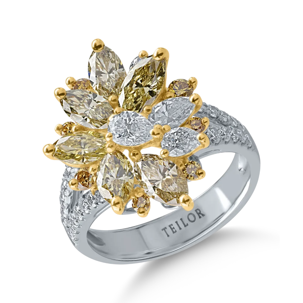 Inel din aur alb-galben cu diamante marquise, pear si rotunde de 3.12ct