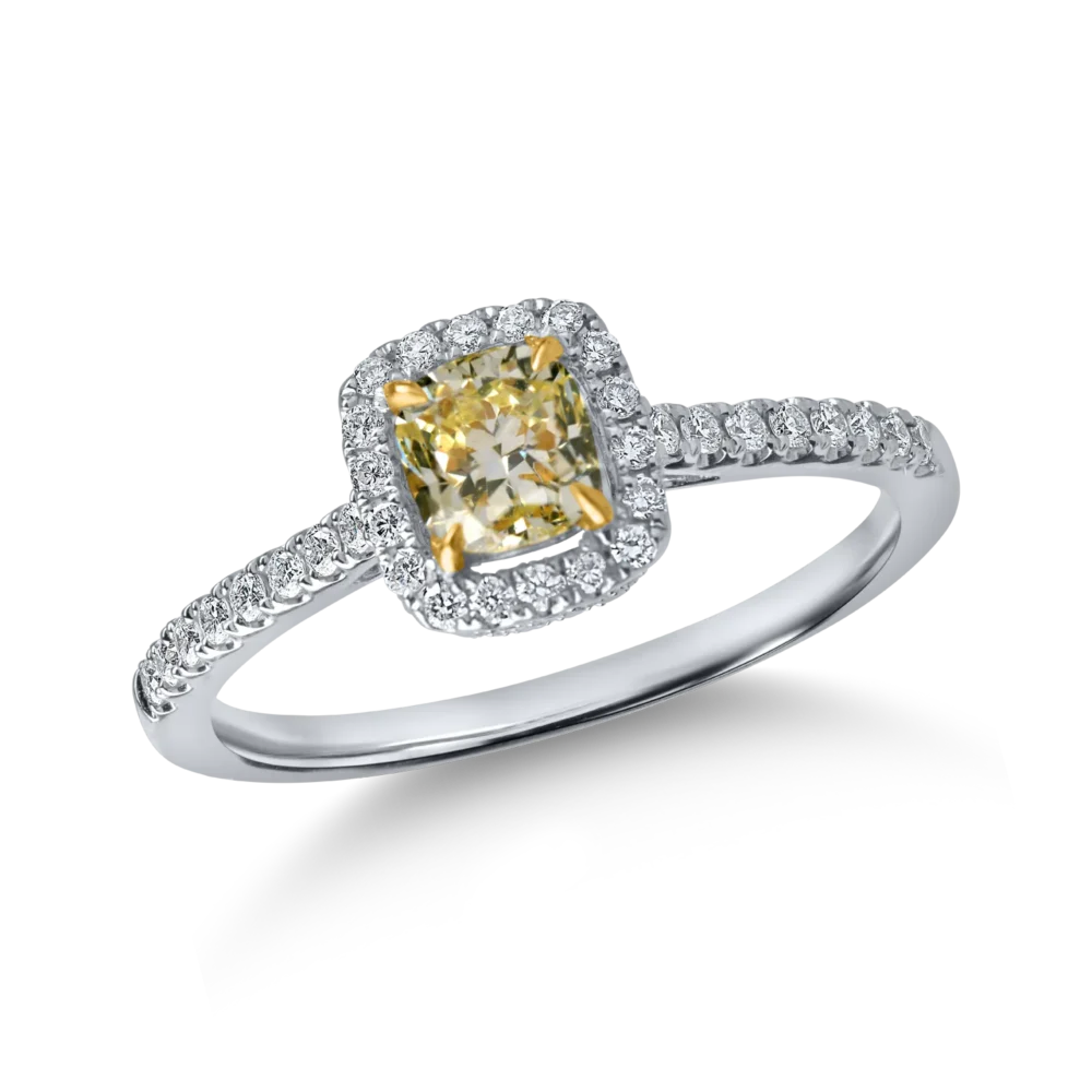 Inel din aur alb-galben cu diamante fancy galbene si incolore cushion de 0.9ct