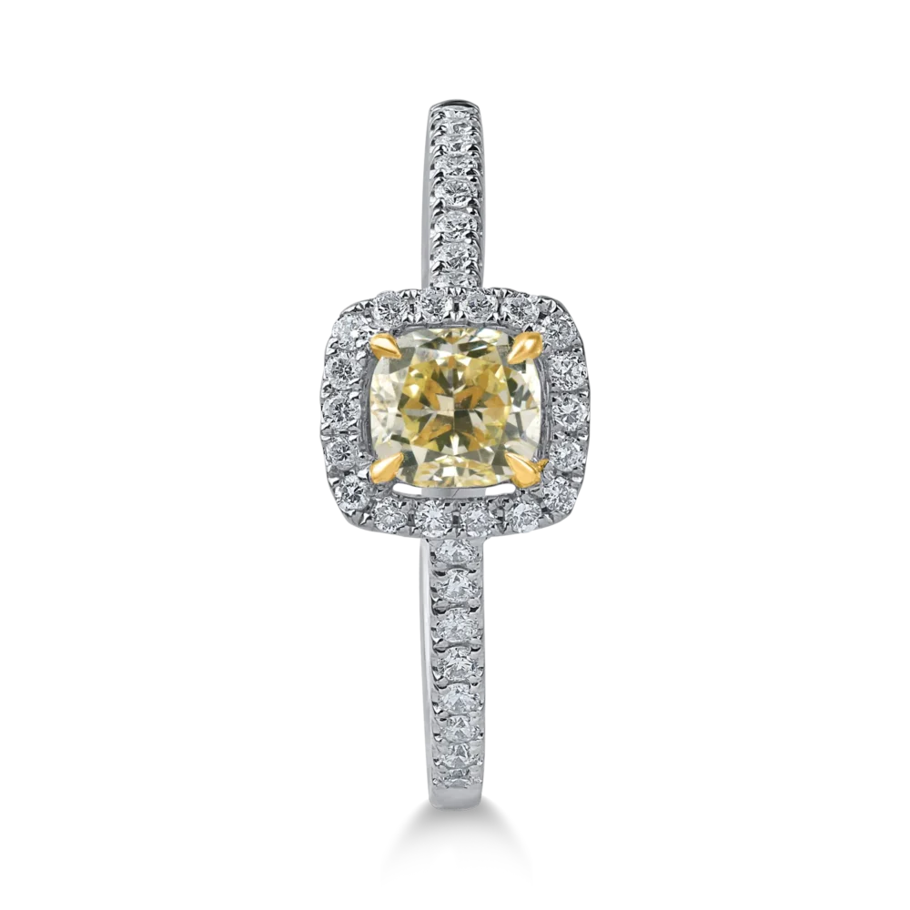 Inel din aur alb-galben cu diamante fancy galbene si incolore cushion de 0.9ct - imagine 2