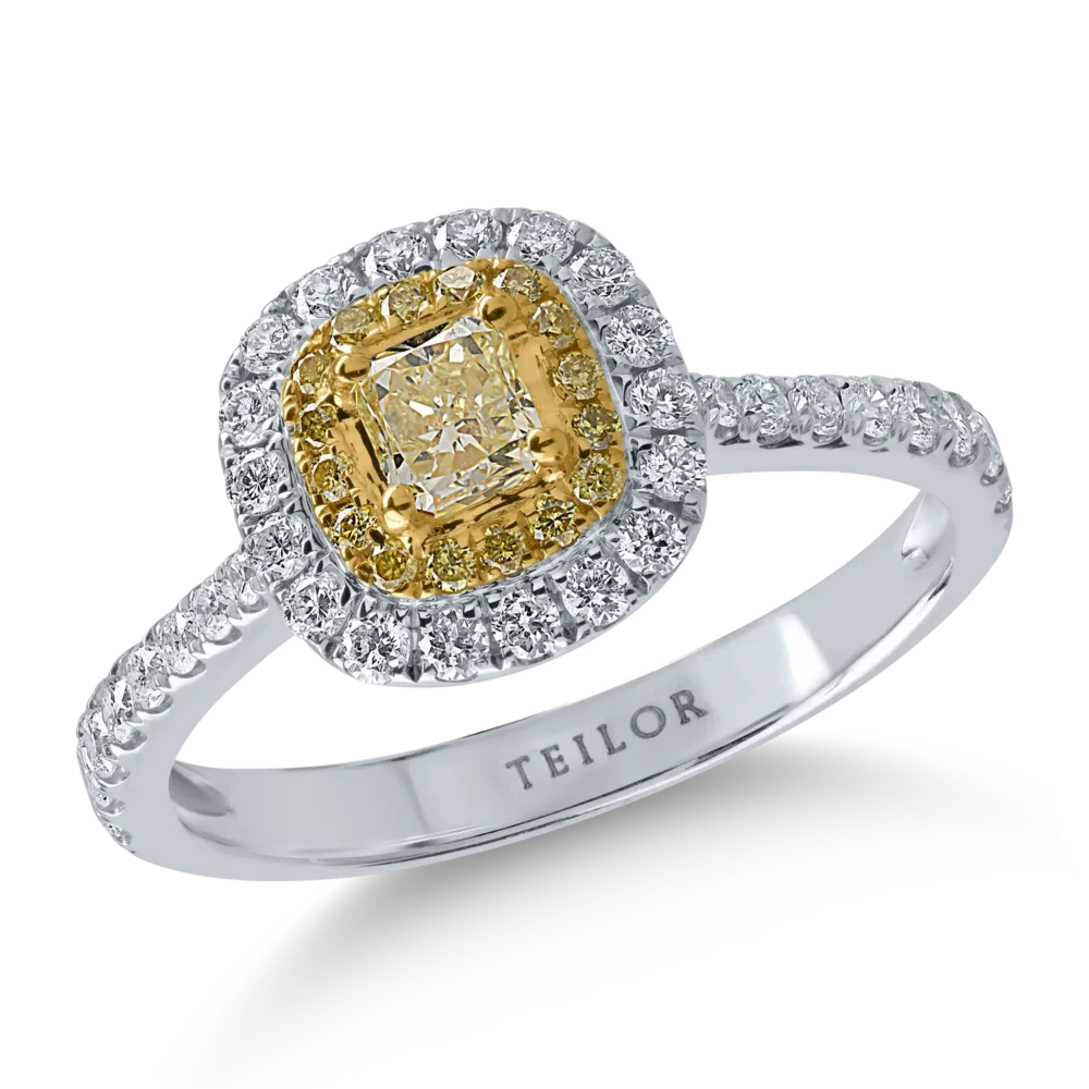 Inel din aur alb-galben cu diamante galbene cushion si rotunde de 0.4ct si diamante transparente de 0.4ct