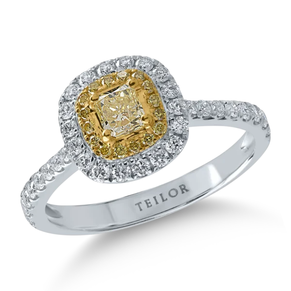 Inel din aur alb-galben cu diamante galbene cushion si rotunde de 0.4ct si diamante transparente de 0.4ct