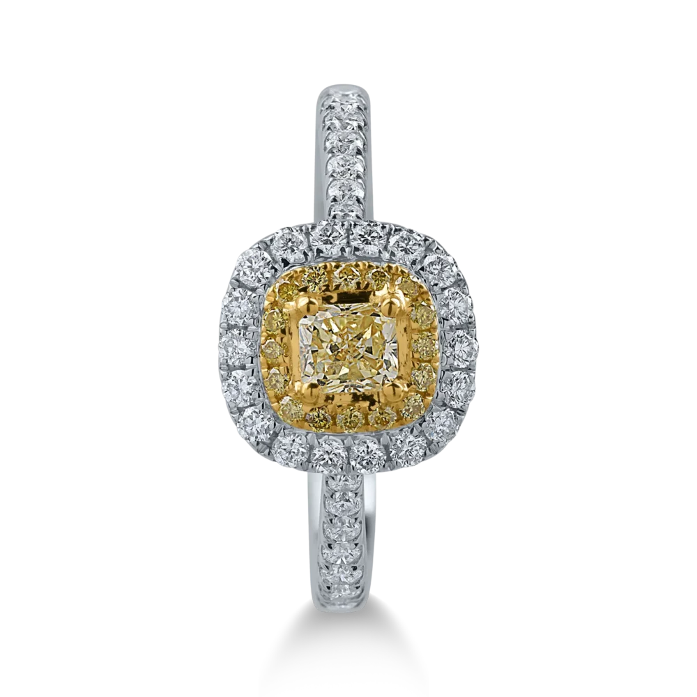 Inel din aur alb-galben cu diamante galbene cushion si rotunde de 0.4ct si diamante transparente de 0.4ct - imagine 2