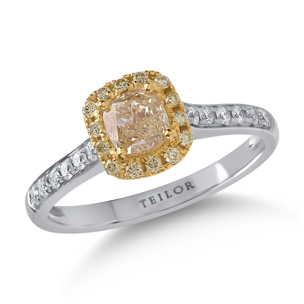 Inel din aur alb-galben cu diamante galbene cushion si rotunde de 0.81ct si diamante transparente de 0.16ct