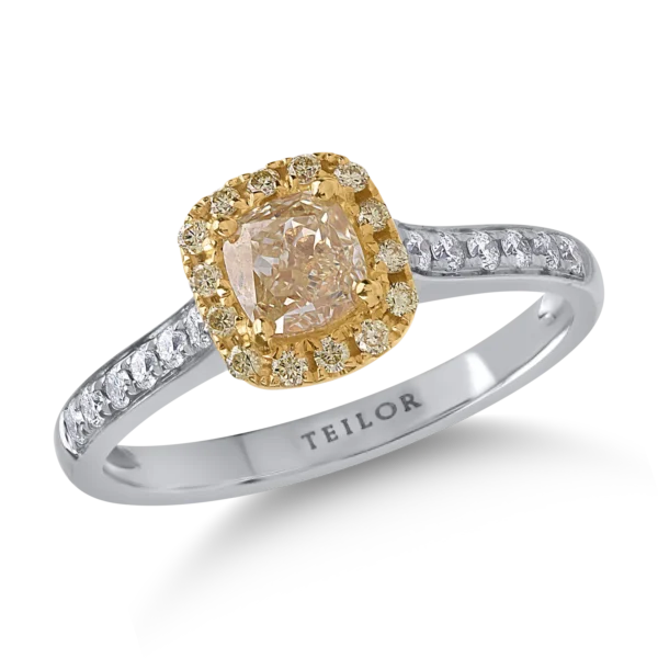 Inel din aur alb-galben cu diamante galbene cushion si rotunde de 0.81ct si diamante transparente de 0.16ct