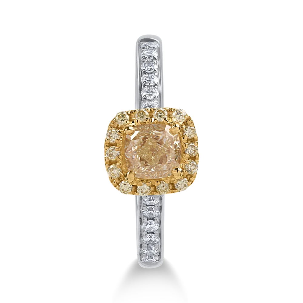 Inel din aur alb-galben cu diamante galbene cushion si rotunde de 0.81ct si diamante transparente de 0.16ct - imagine 2