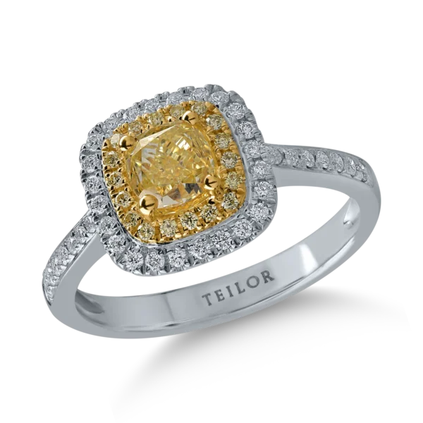 Inel din aur alb-galben cu diamante galbene cushion si rotunde de 1.11ct si diamante transparente de 0.24ct