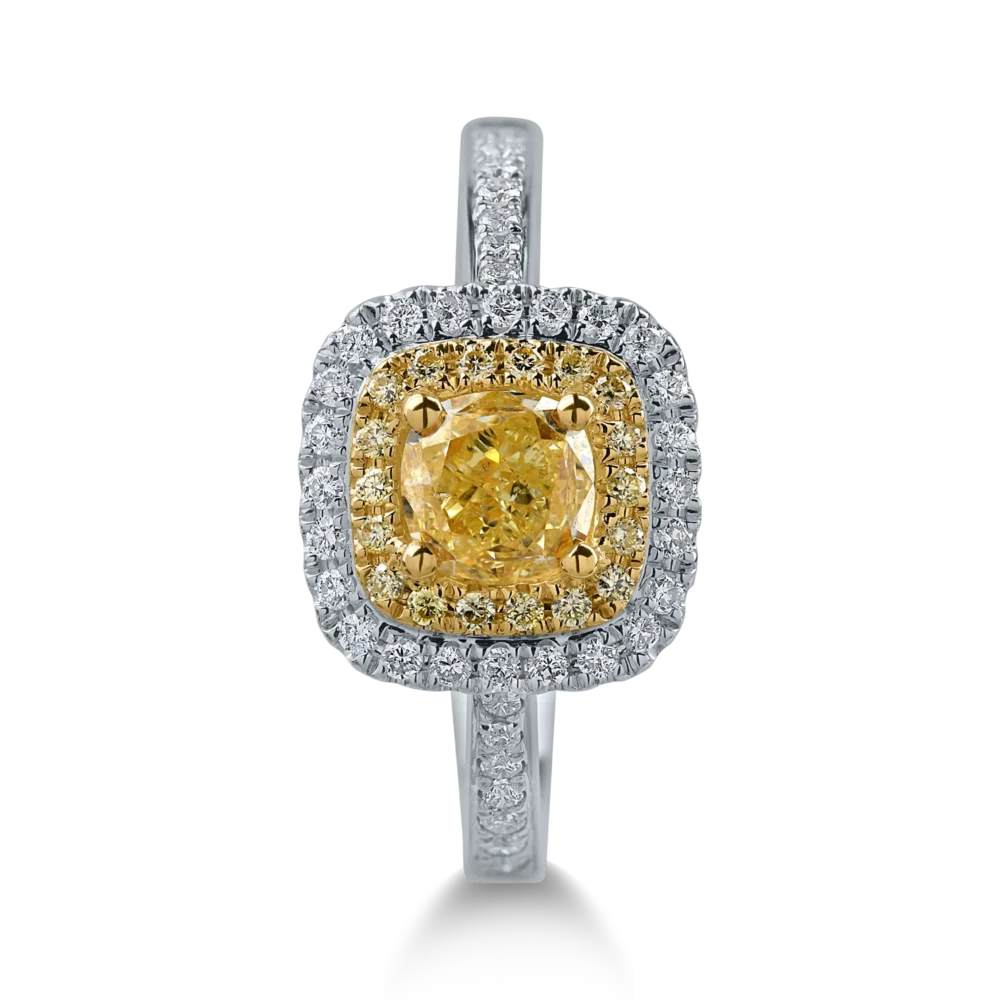 Inel din aur alb-galben cu diamante galbene cushion si rotunde de 1.11ct si diamante transparente de 0.24ct - imagine 2