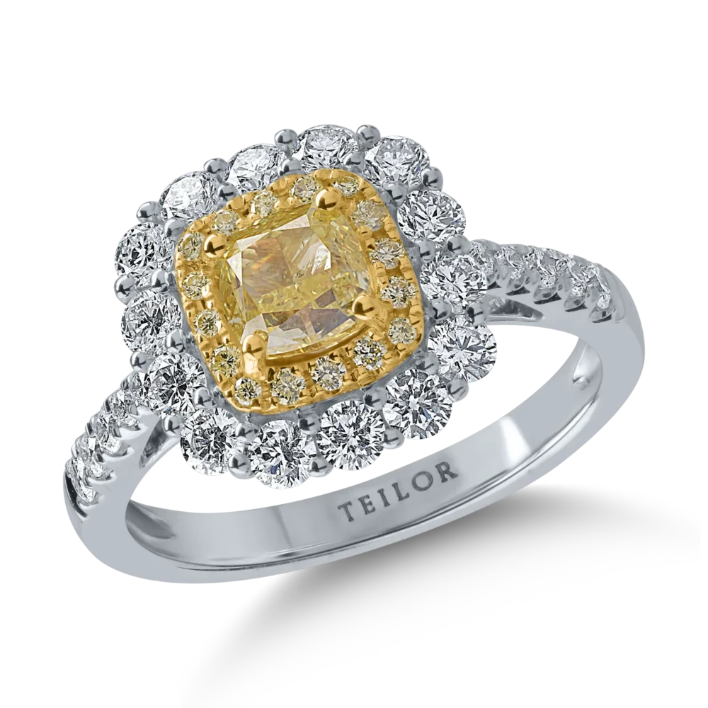 Inel din aur alb-galben cu diamante galbene de 1.12ct si diamante transparente de 0.88ct