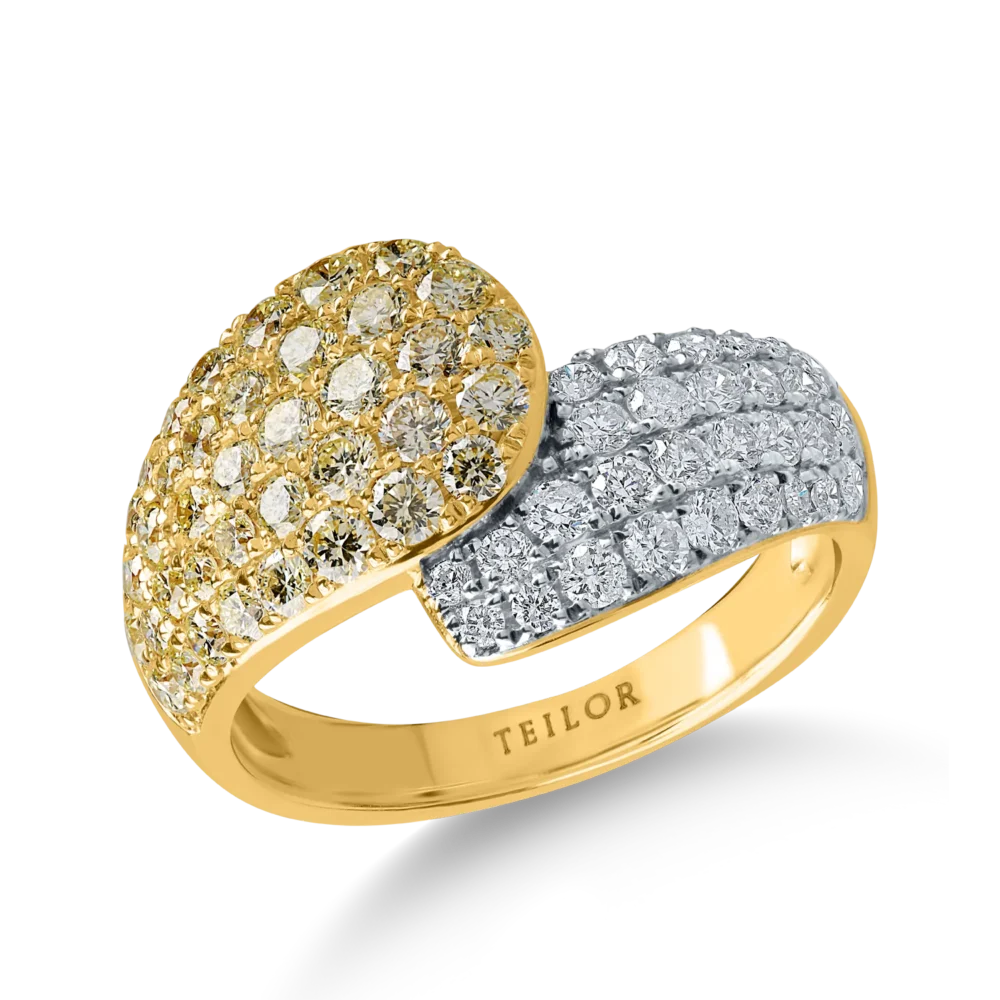 Inel din aur alb-galben cu diamante galbene de 1ct si diamante incolore de 0.5ct