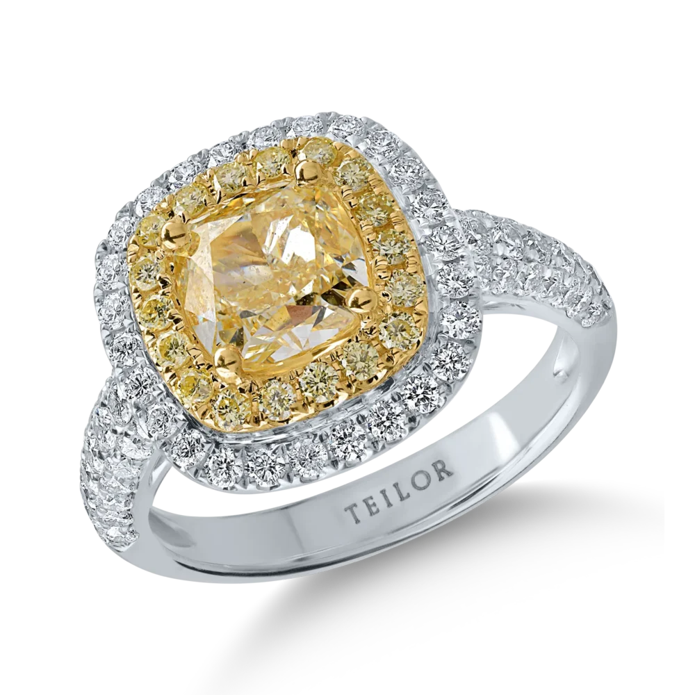 Inel din aur alb-galben cu diamante galbene de 2.31ct si diamante transparente de 0.87ct