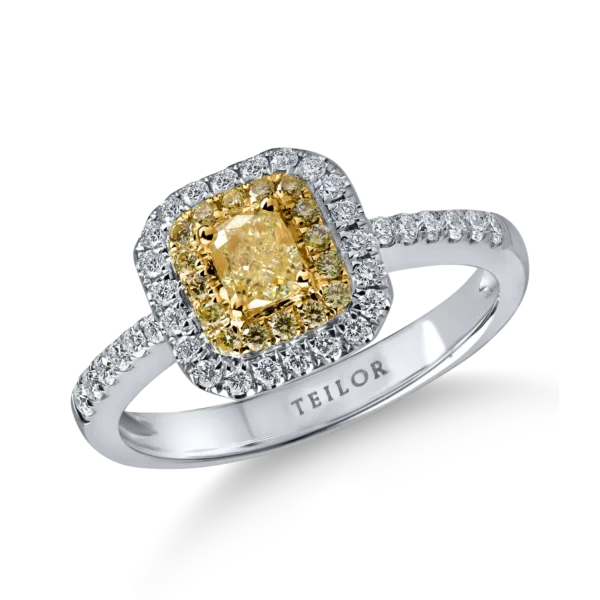 Inel din aur alb-galben cu diamante galbene cushion si rotunde si diamante incolore de 0.7ct