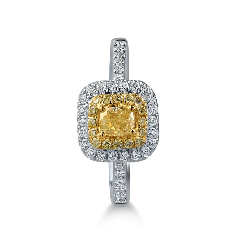 Inel din aur alb-galben cu diamante galbene cushion si rotunde si diamante incolore de 0.7ct - imagine 2