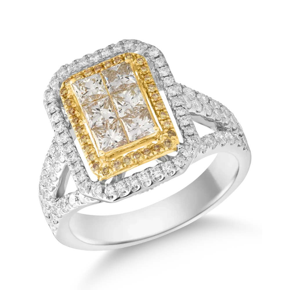 Inel din aur alb-galben cu diamante fancy galbene si diamante incolore princess si rotunde de 1.7ct