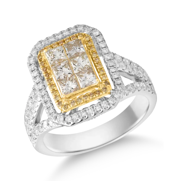 Inel din aur alb-galben cu diamante fancy galbene si diamante incolore princess si rotunde de 1.7ct