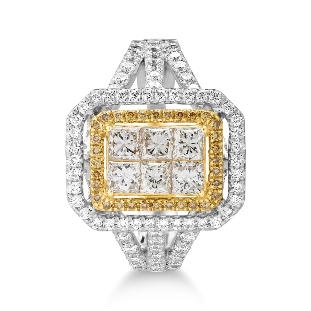 Inel din aur alb-galben cu diamante fancy galbene si diamante incolore princess si rotunde de 1.7ct - imagine 2