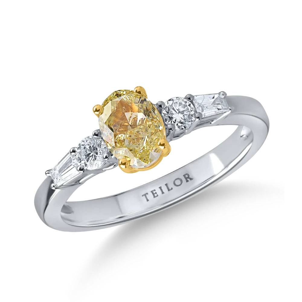 Inel din aur alb-galben cu un diamant fancy galben oval de 1ct si diamante de 0.3ct