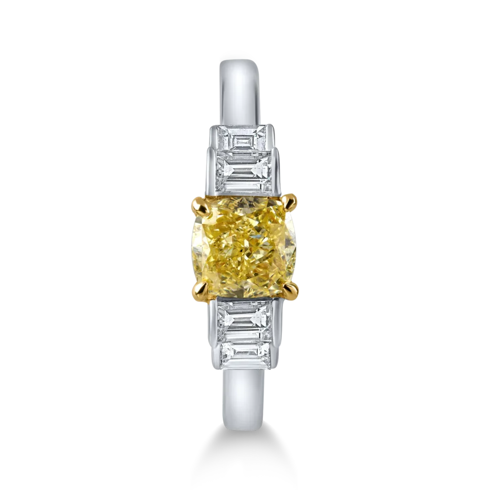 Inel din aur alb-galben cu un diamant galben cushion de 1ct si diamante incolore de 0.3ct - imagine 2