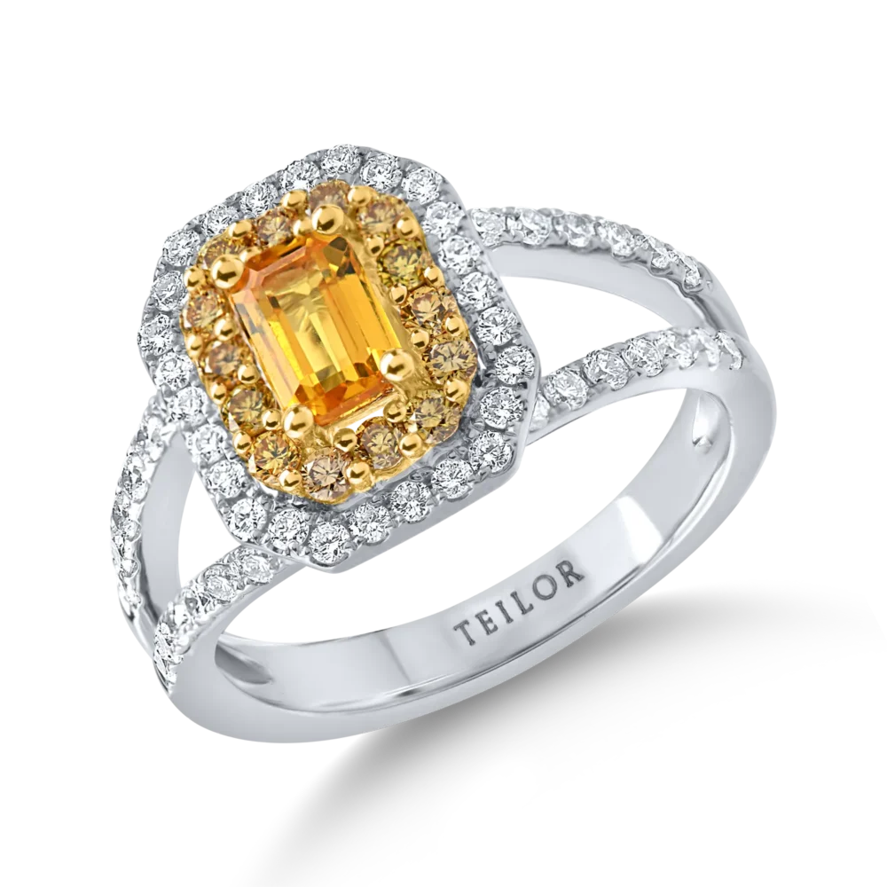 Inel din aur alb-galben cu un safir galben octogonal de 0.6ct si diamante de 0.7ct