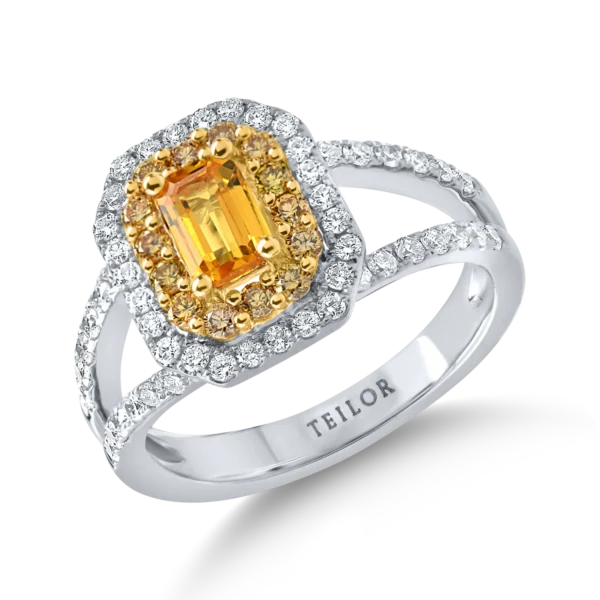 Inel din aur alb-galben cu un safir galben octogonal de 0.6ct si diamante de 0.7ct