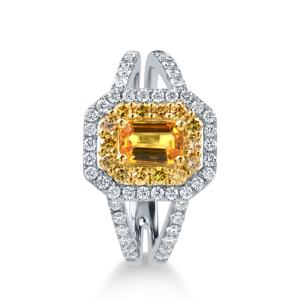 Inel din aur alb-galben cu un safir galben octogonal de 0.6ct si diamante de 0.7ct - imagine 2
