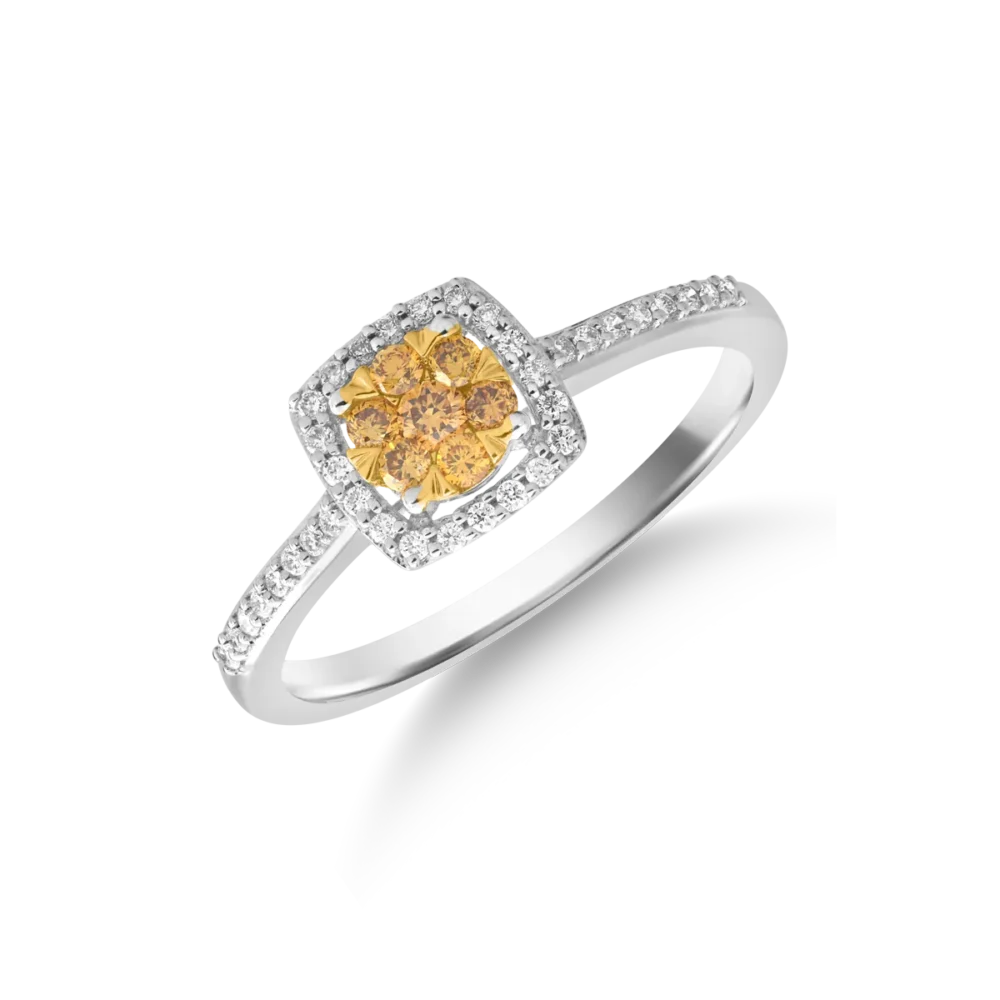 Inel din aur alb-galben cu fancy diamonds de 0.161ct si diamante de 0.128ct