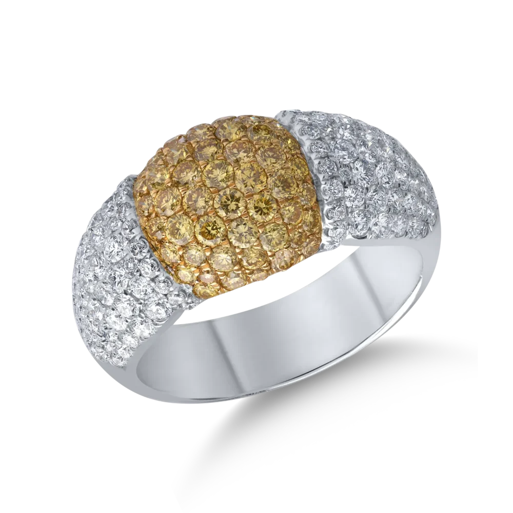 Inel din aur alb-galben cu diamante fancy-galbene de 1.01ct si diamante de 1.19ct