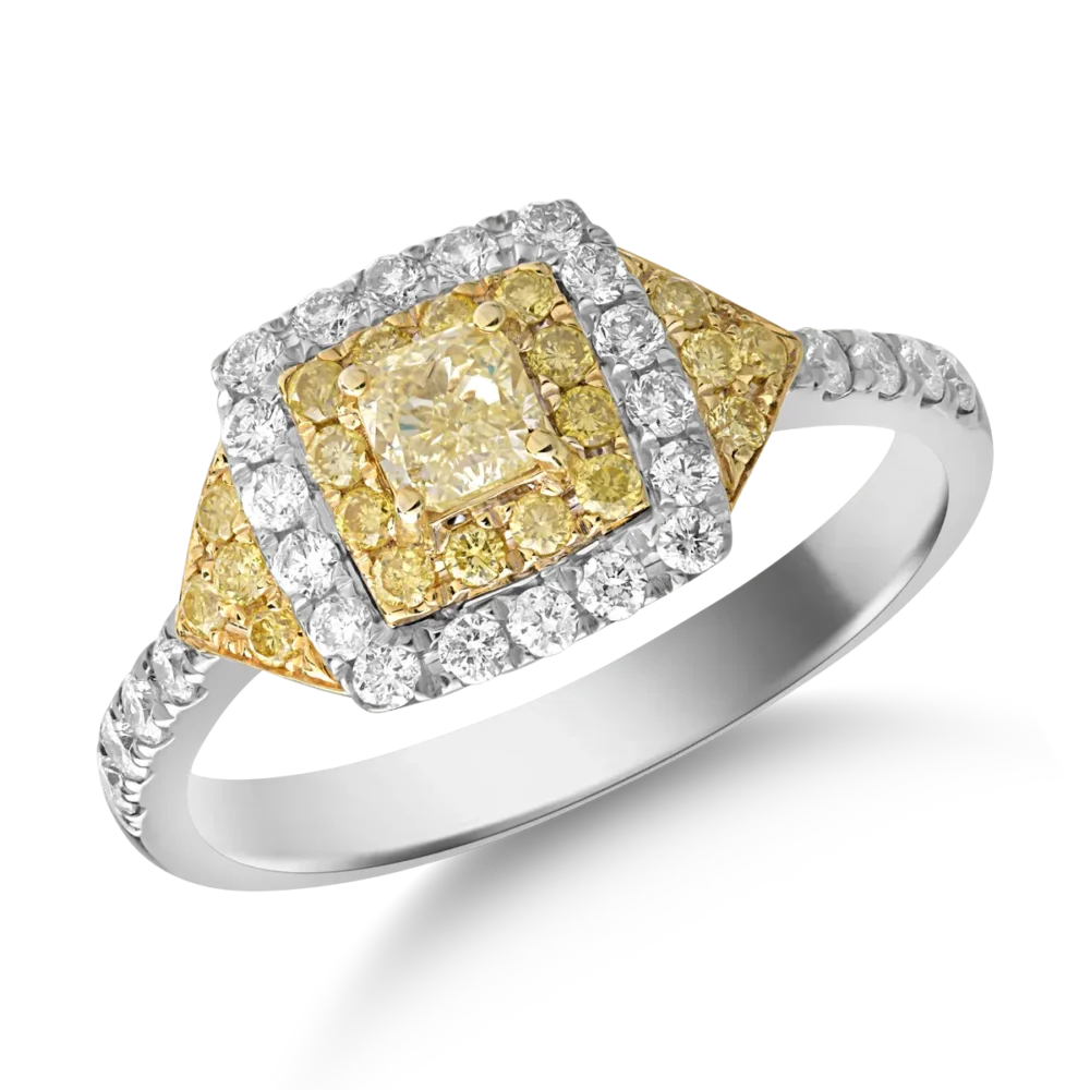 Inel din aur alb-galben cu diamante transparente de 0.39ct si diamante galbene cushion si rotunde de 0.54ct