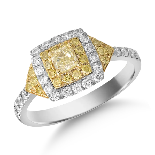 Inel din aur alb-galben cu diamante transparente de 0.39ct si diamante galbene cushion si rotunde de 0.54ct