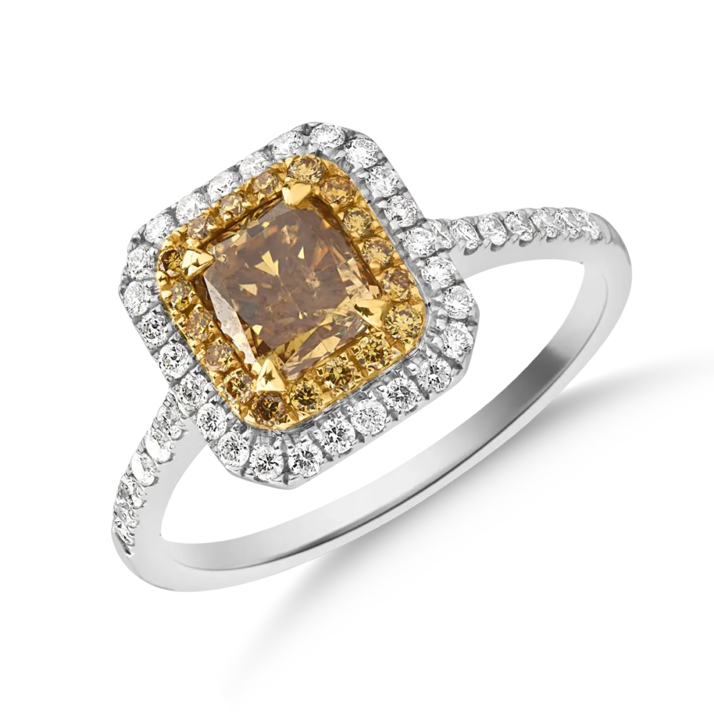 Inel din aur alb-galben cu fancy diamonds de 1.14ct si diamante de 0.24ct