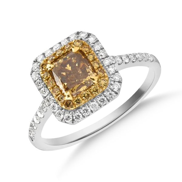 Inel din aur alb-galben cu fancy diamonds de 1.14ct si diamante de 0.24ct