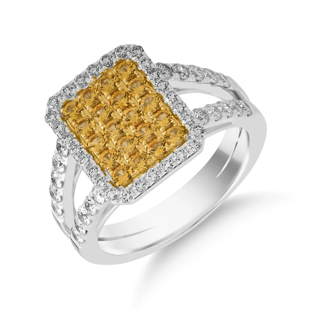 Inel din aur alb-galben cu safire galbene de 0.67ct si diamante de 0.69ct