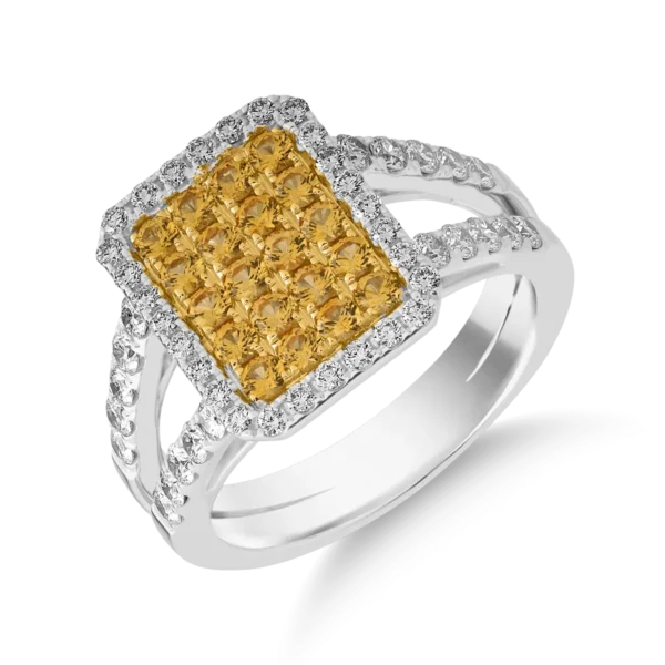 Inel din aur alb-galben cu safire galbene de 0.67ct si diamante de 0.69ct