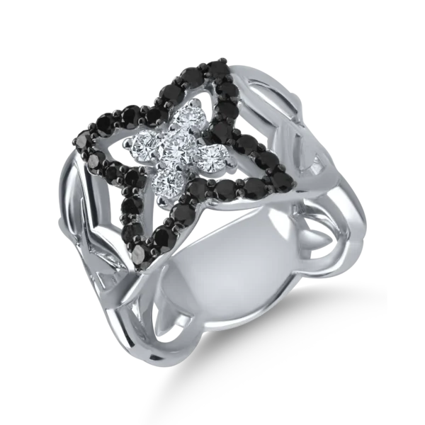 Inel din aur alb-negru cu diamante transparente de 0.33ct si diamante negre de 0.78ct