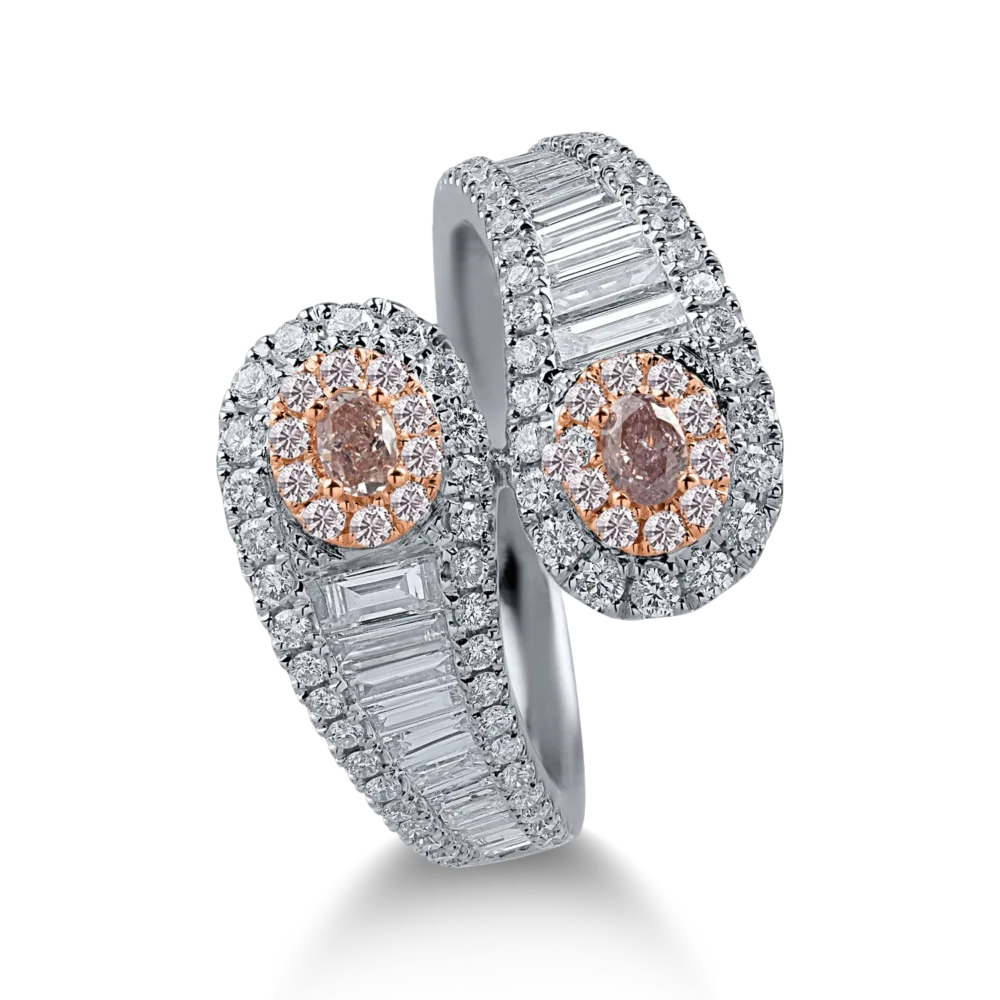 Inel din aur alb-roz cu diamante roz ovale si rotunde de 1.3ct si diamante incolore baguette si rotunde de 1.09ct - imagine 2