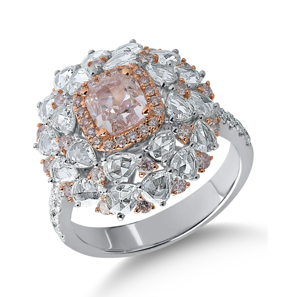 Inel din aur alb-roz cu diamante roz cushion si rotunde de 1.4ct si diamante transparente rose si rotunde de 1.4ct