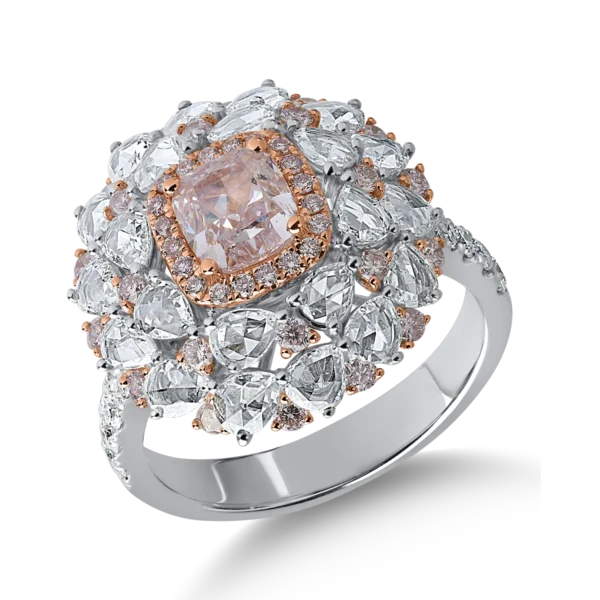 Inel din aur alb-roz cu diamante roz cushion si rotunde de 1.4ct si diamante transparente rose si rotunde de 1.4ct