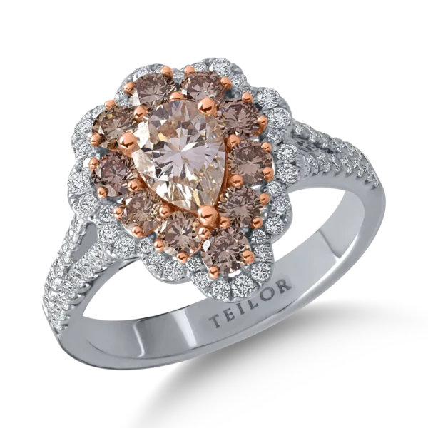 Inel din aur alb-roz cu diamante maro pear si rotunde de 1.72ct si diamante transparente de 0.41ct