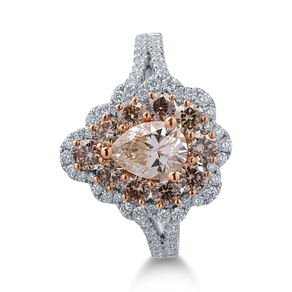 Inel din aur alb-roz cu diamante maro pear si rotunde de 1.72ct si diamante transparente de 0.41ct - imagine 2