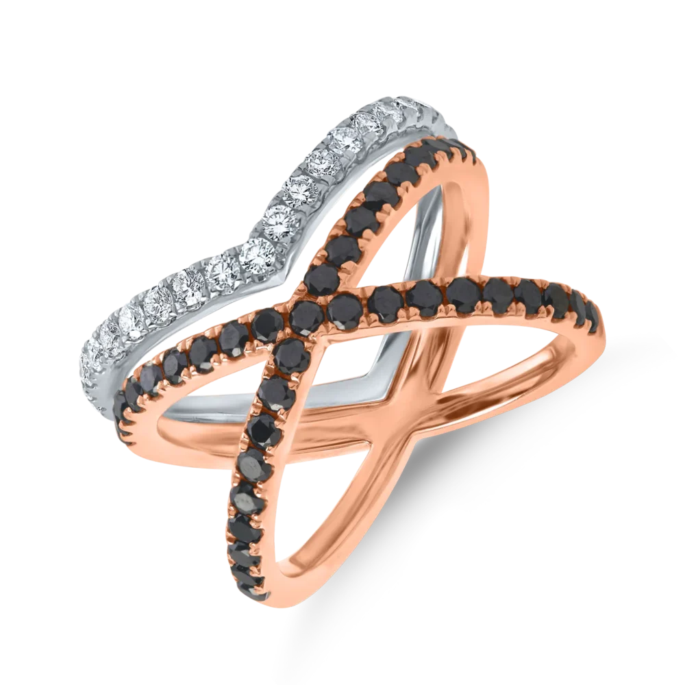 Inel din aur alb-roz cu diamante negre de 0.8ct si diamante incolore de 0.3ct